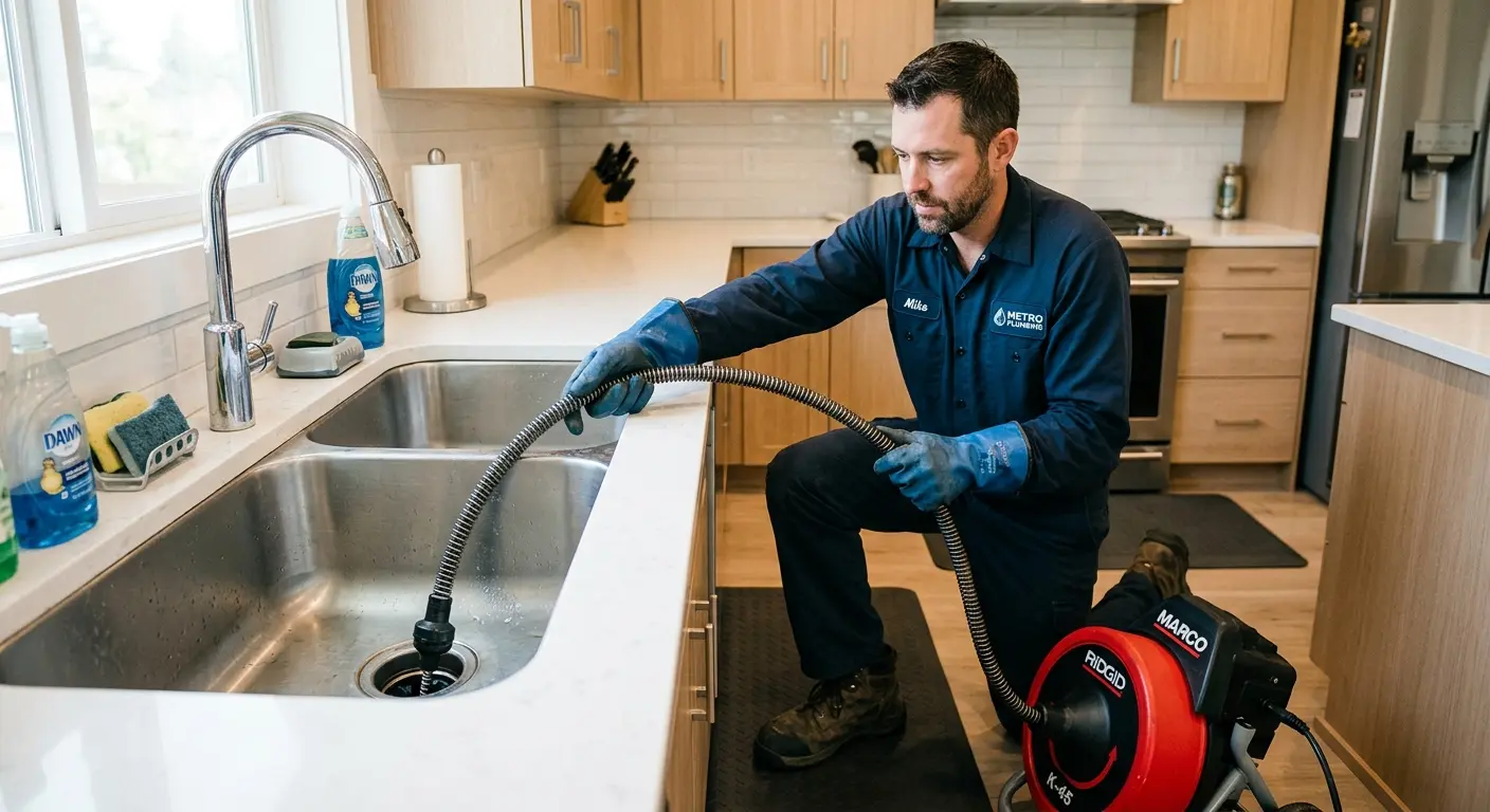 Drain cleaning technician using a motorized snake on a kitchen sink in New Baltimore