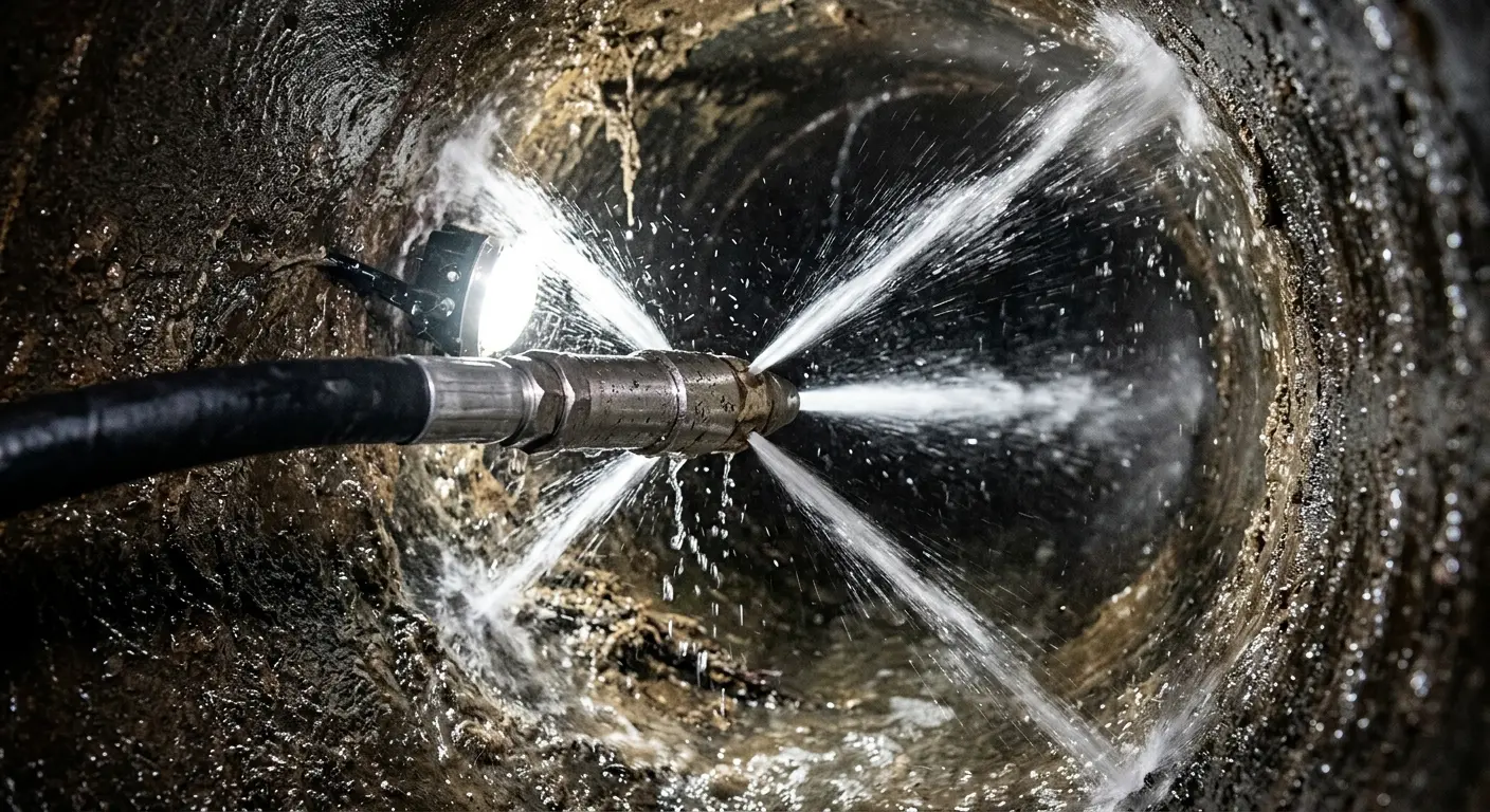 High-pressure hydro jetting nozzle cleaning sewer pipe for Emergency Drain Service in New Baltimore