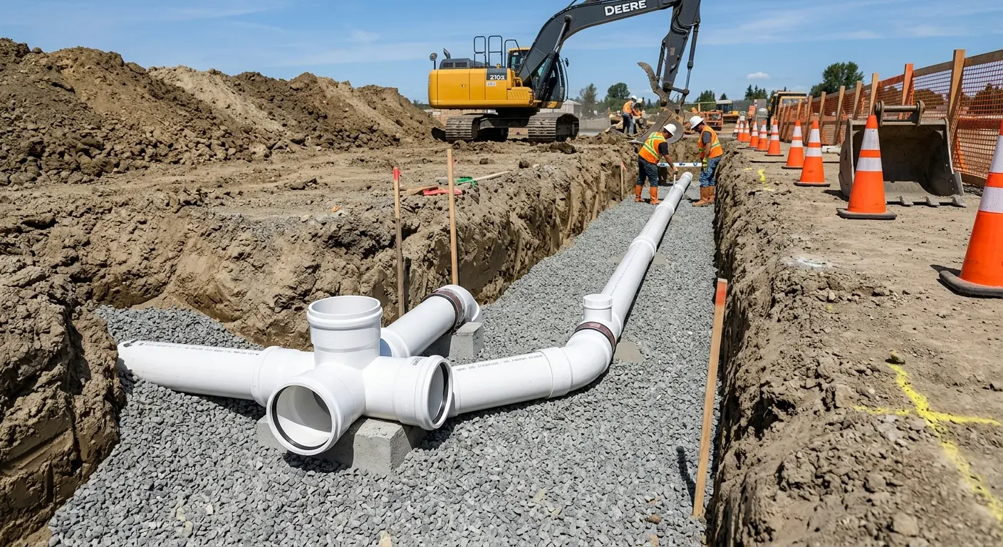 New PVC sewer pipe installation in open trench for Commercial Drain Cleaning in New Baltimore