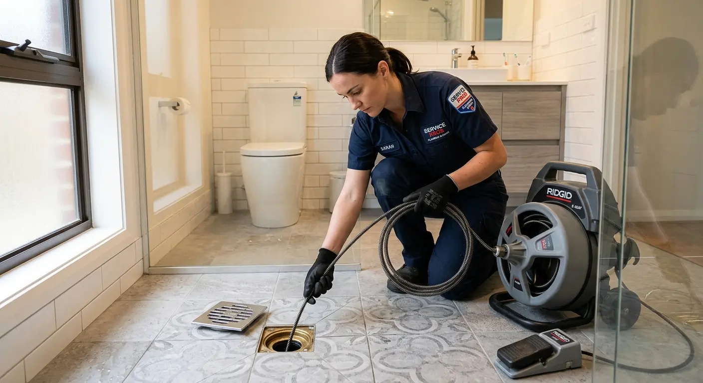 Technician clearing a bathroom floor drain for Drain Repair in New Baltimore